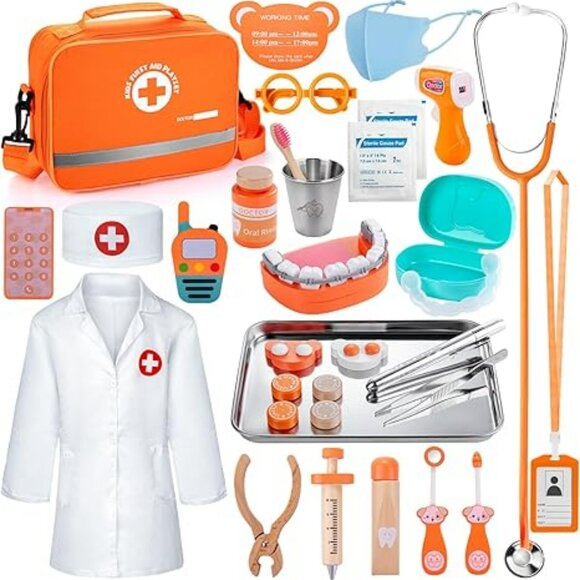 NEW33Pcs Wooden Dentist Play Set with Real Stethoscope, Dental Tool&Storage Bag - Picture 1 of 7